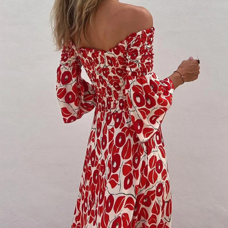 💕Vestido largo con estampado floral, hombros descubiertos y mangas acampanadas