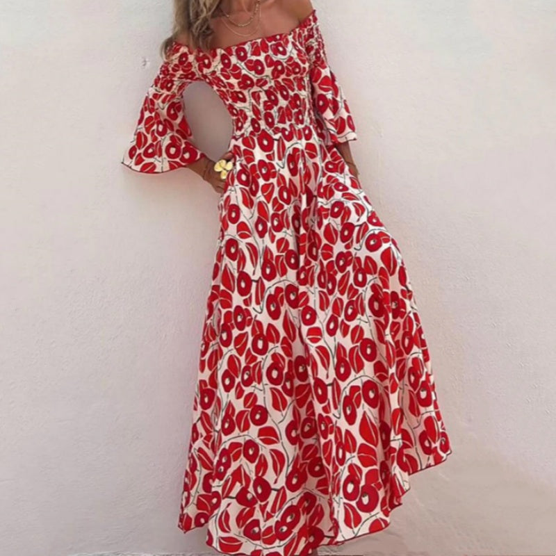 💕Vestido largo con estampado floral, hombros descubiertos y mangas acampanadas