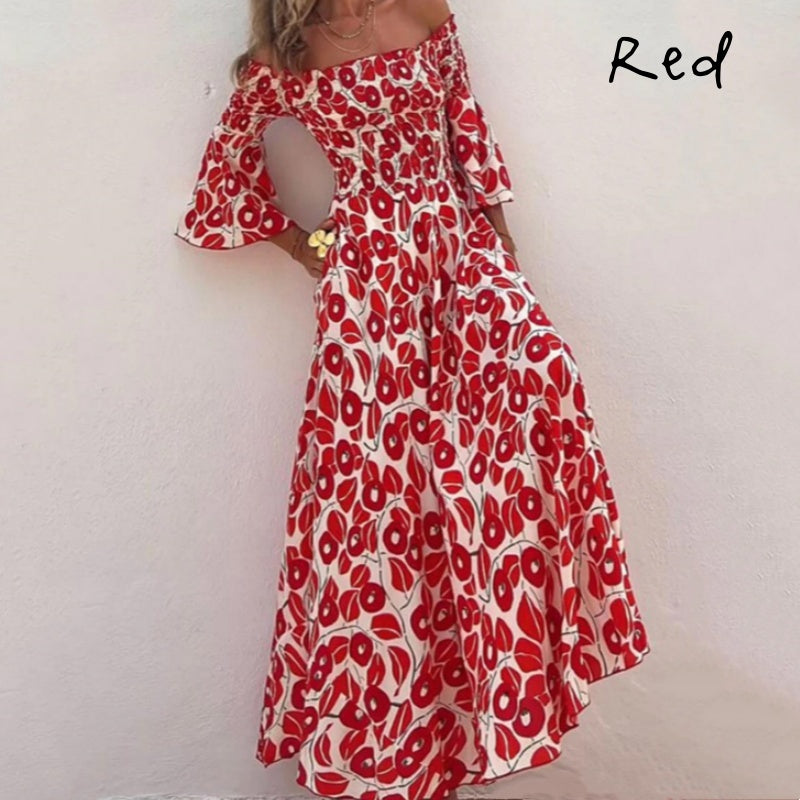 💕Vestido largo con estampado floral, hombros descubiertos y mangas acampanadas