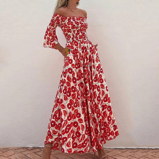 💕Vestido largo con estampado floral, hombros descubiertos y mangas acampanadas