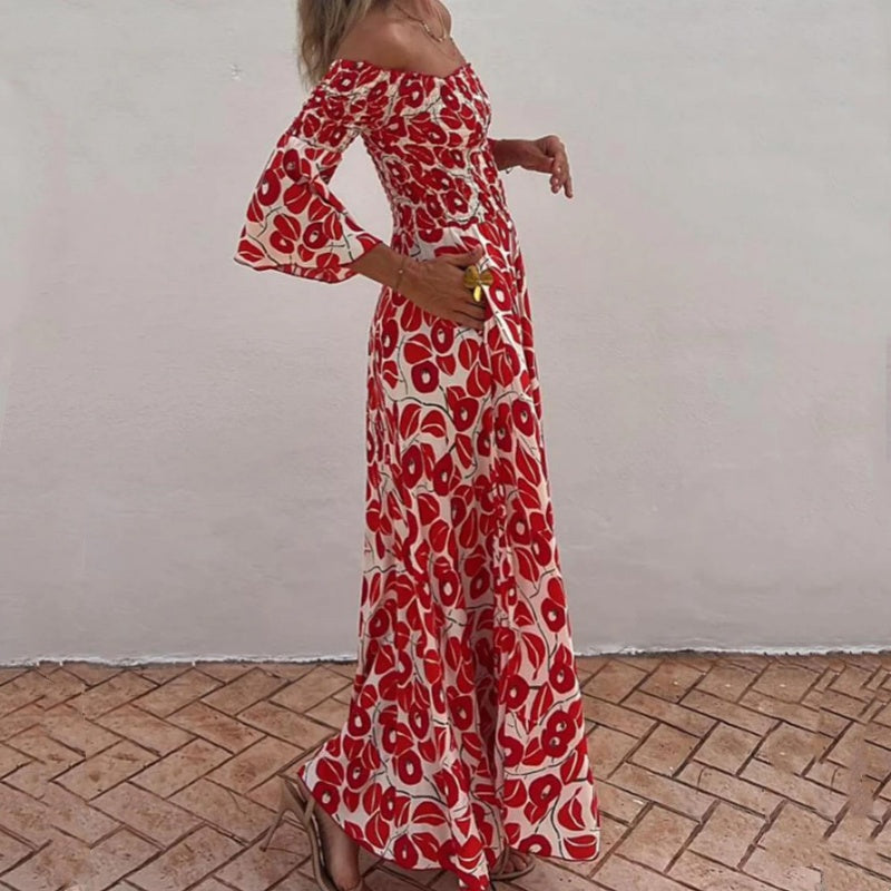 💕Vestido largo con estampado floral, hombros descubiertos y mangas acampanadas